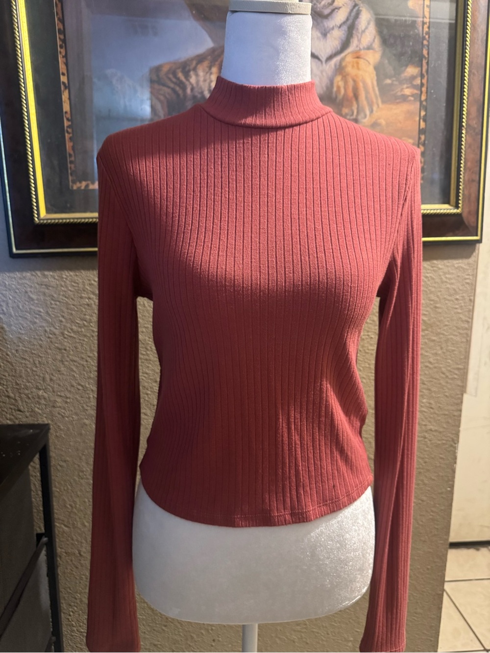 Forever 21 Ribbed Mock Neck Long-Sleeve Top in Dusty Rose